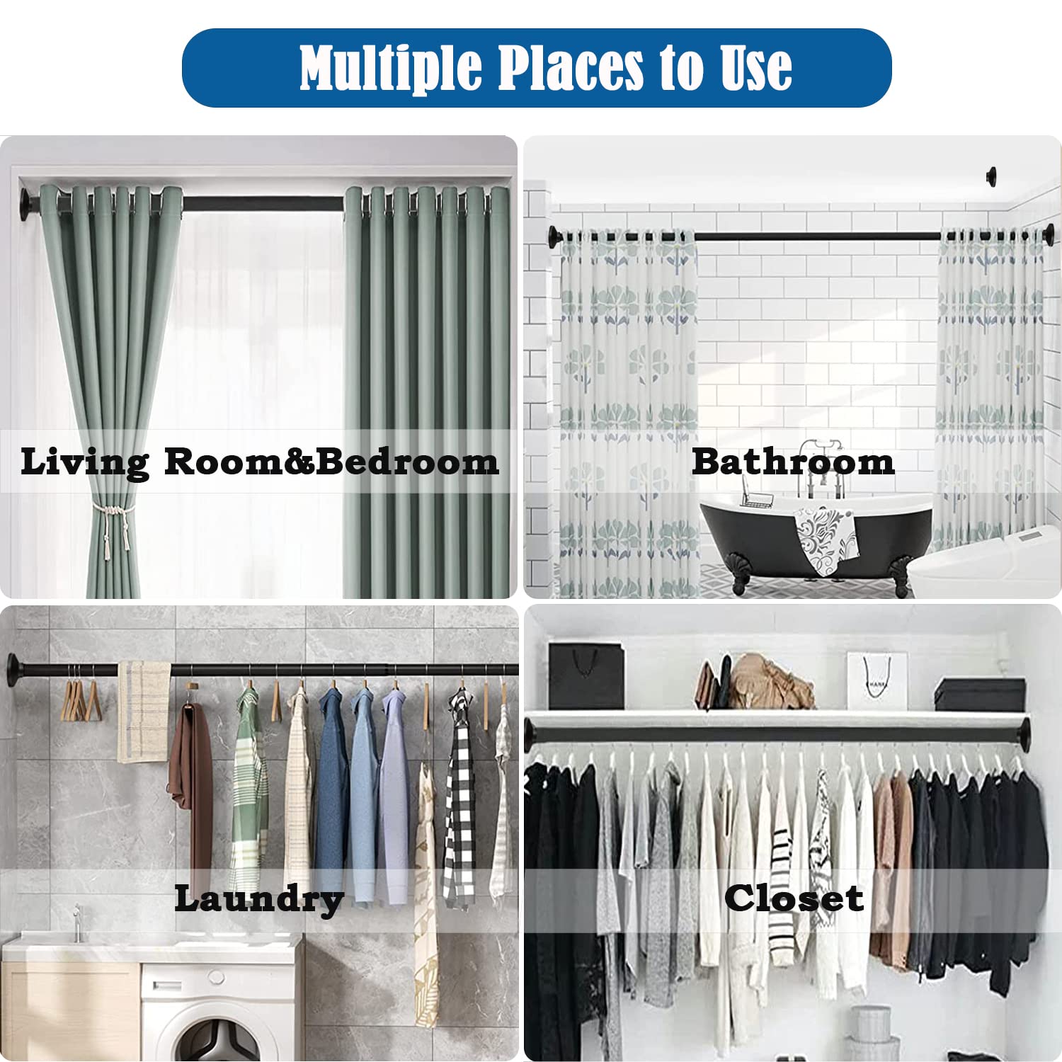 Curtain Pole No Drill Extendable Clothes Rail Shower Curtain Rail Telescopic Rod Curtain for Bathroom,Bedroom,Wardrobe White (48-70CM Φ25mm)