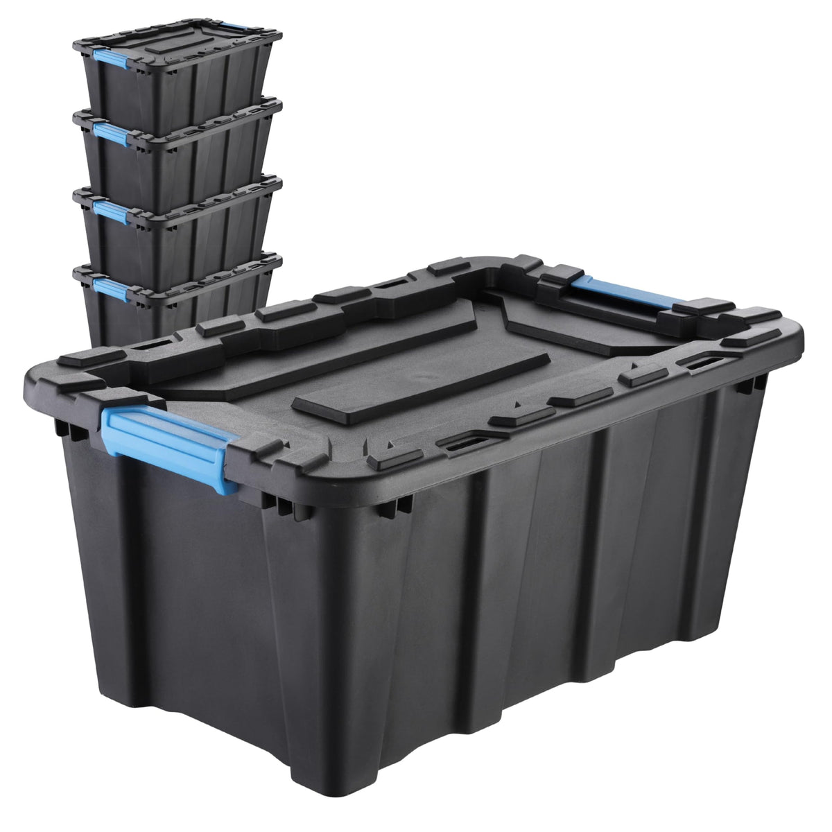 IDEA HOME Set of 5 Storage Boxes 40L with Lid TechBox HD – Heavy-duty Stackable Plastic Containers – Organiser Crates for Garage, Workshop