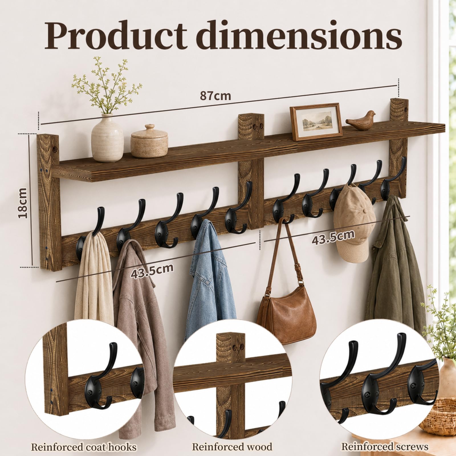 Coat Rack Wall Mounted, 87cm Wooden Extra-Long Wall Hook Rack with Shelf, Set of 2 Coat Hooks with 10 Hooks for Hanging Coats Hats Scarves