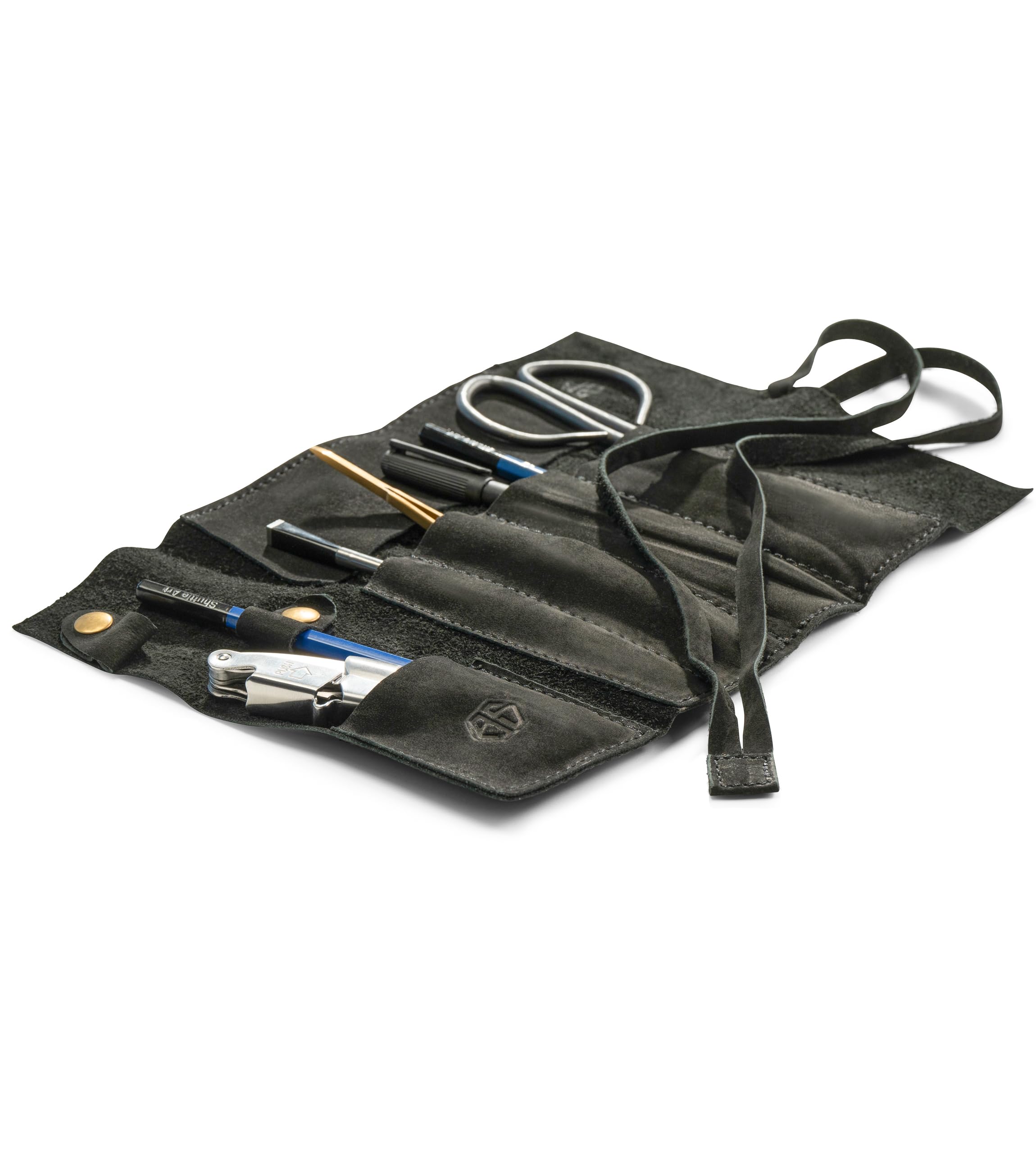 Angus Stoke Leather Roll Bag (Black) - Handmade Leather Case for Pens, Brushes and Accessories, 4 Compartments, Leonardo