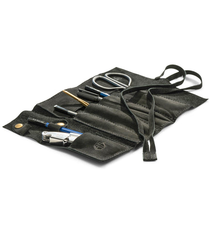 Angus Stoke Leather Roll Bag (Black) - Handmade Leather Case for Pens, Brushes and Accessories, 4 Compartments, Leonardo