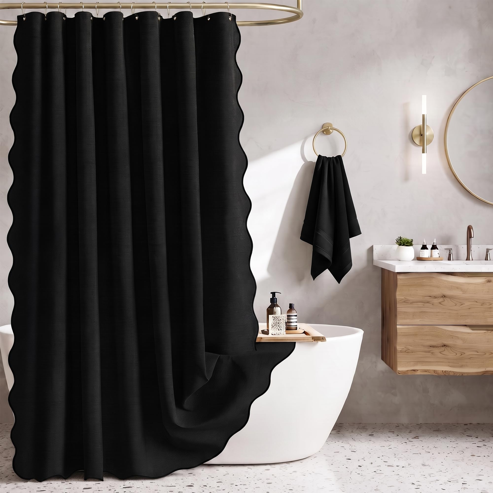 Bingobang Shower Curtain Scalloped Linen Waterproof Anti Mould, Black