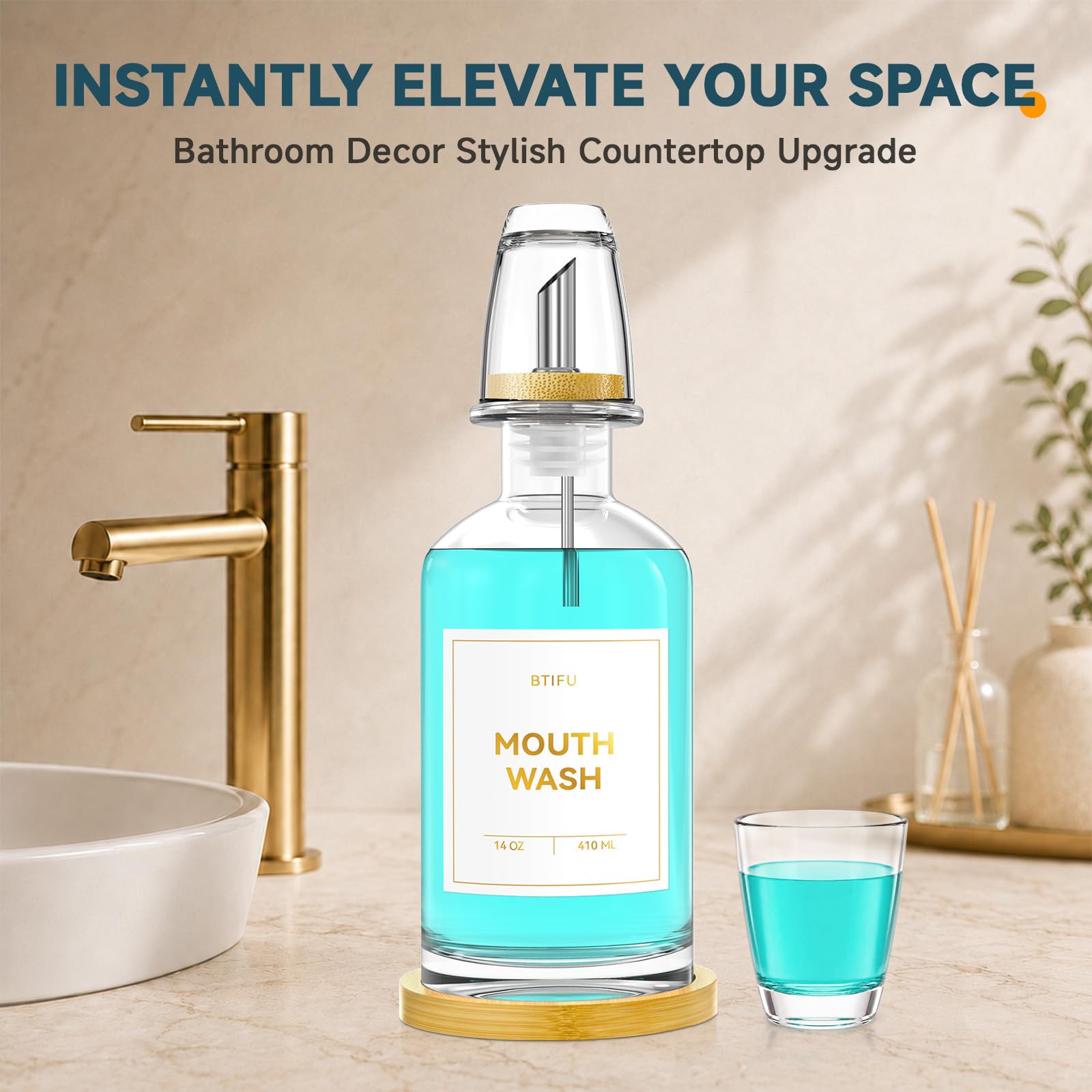 Glass Mouthwash Dispenser for Bathroom – 410ml Refillable Mouthwash Container with 2 Glass Cups & Bamboo Tray, Countertop Mouth Wash Dispensers