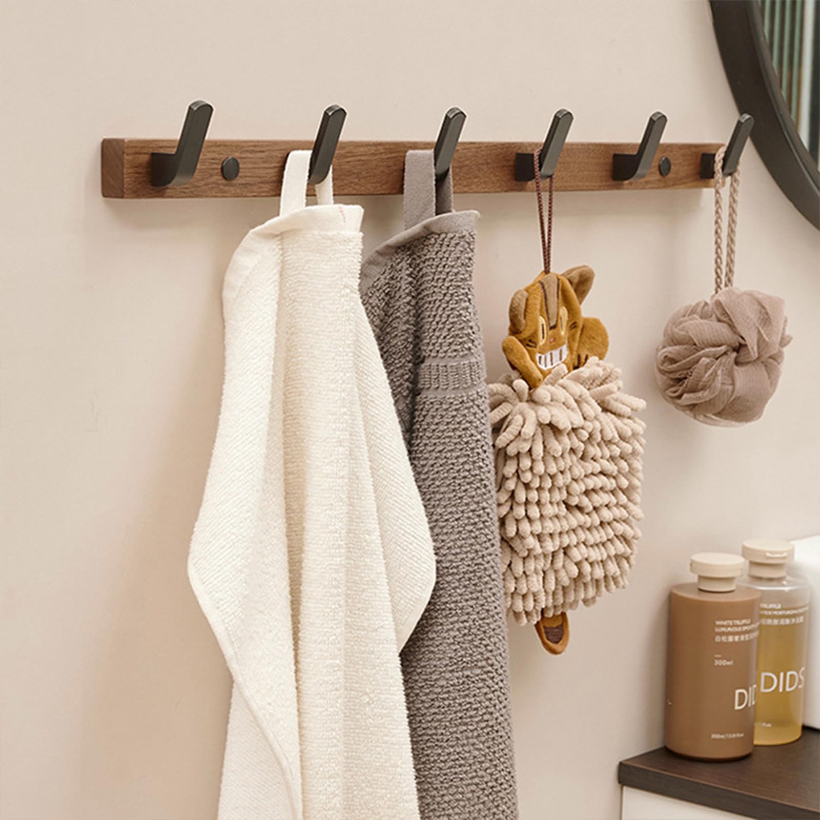 Lxoraziy Wall-Mounted Coat Rack - Walnut Coat Rack Hook, Heavy Duty Wooden Wall Coat Hanger with 5 Coat Hooks for Hanging Coats, Hats, Clothing