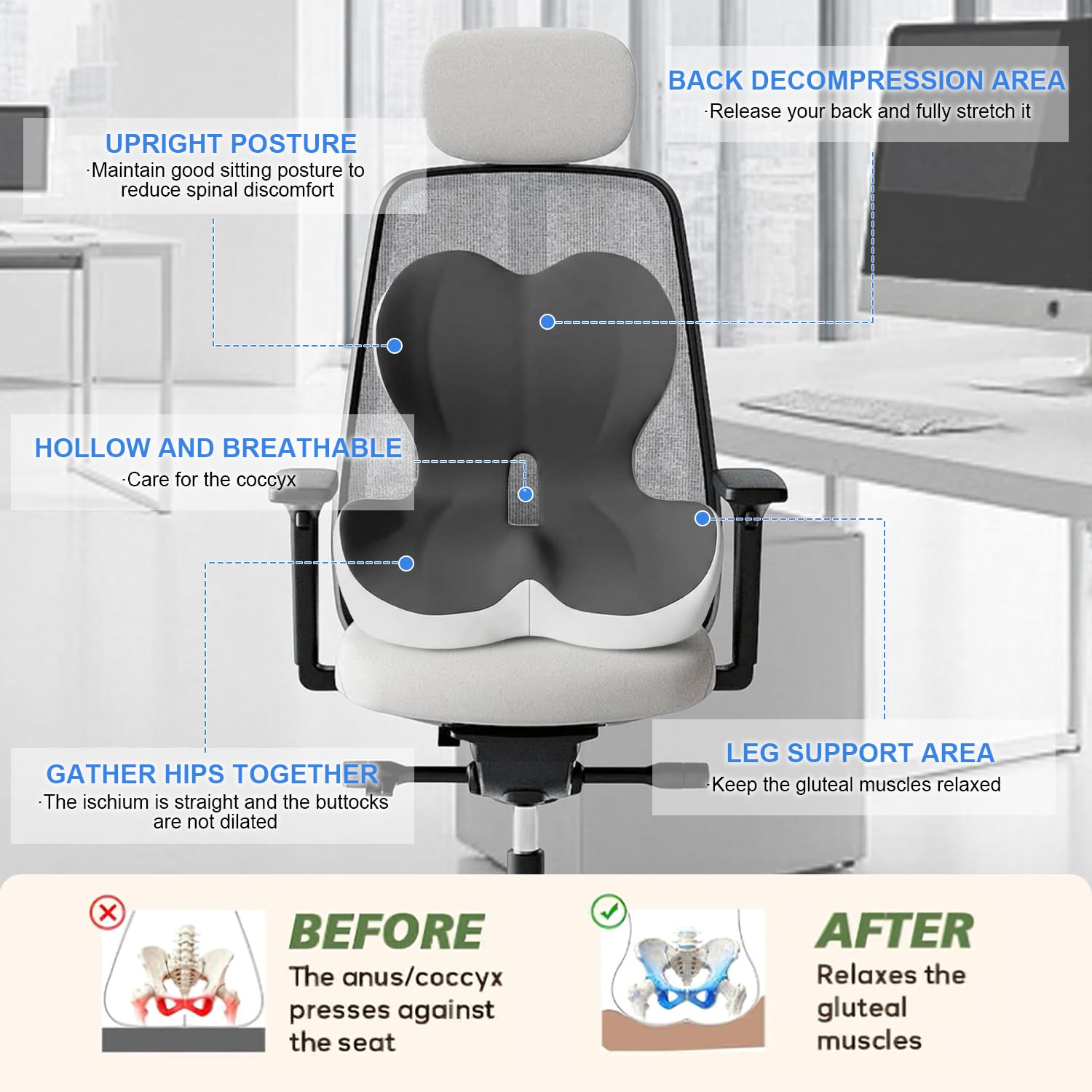 Gresonic Ergonomic Memory Foam Seat Cushion, For Office, Car, Gaming & Dining Chairs, Sciatica, Tailbone & Coccyx Pain Relief