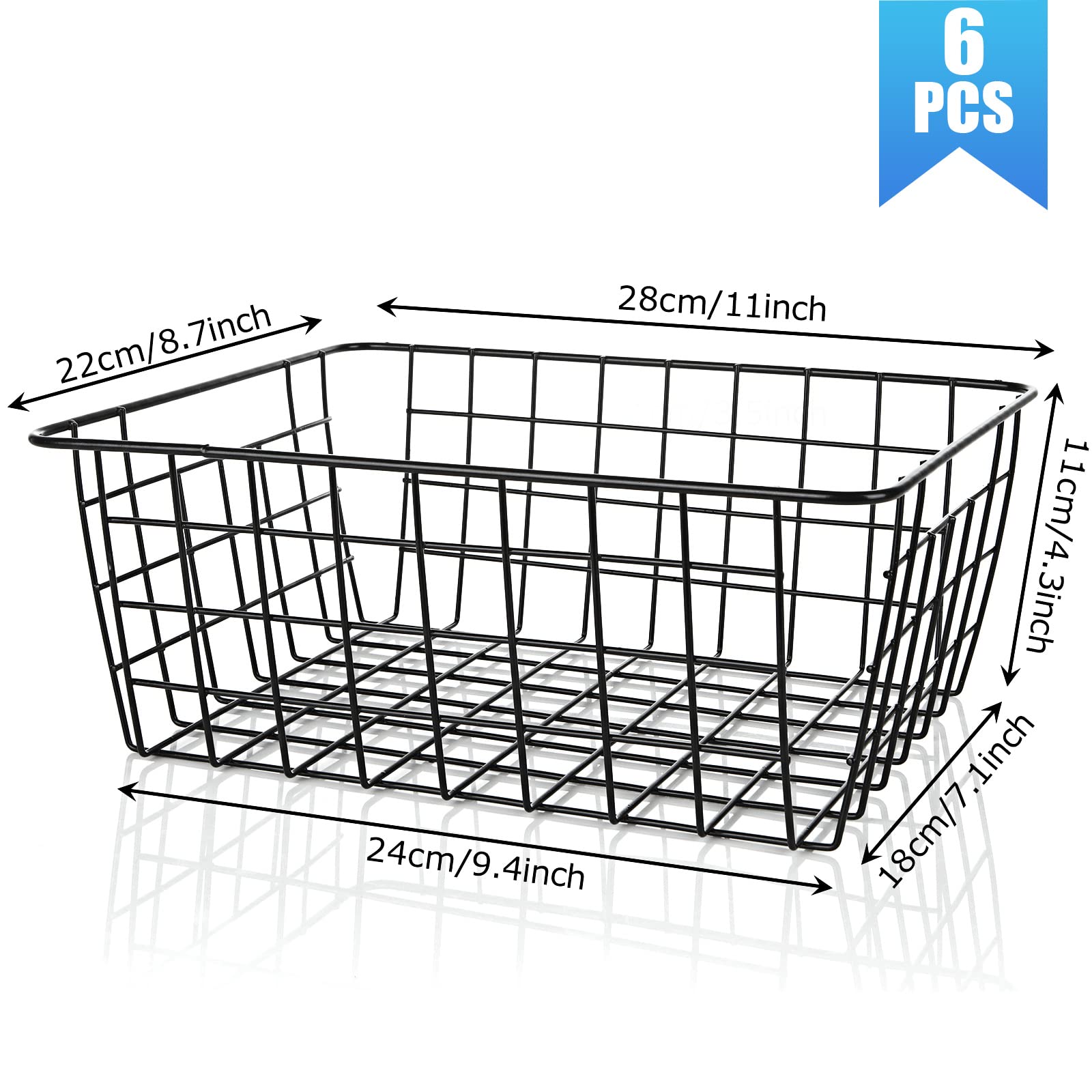 YOUNTHYE 6Pack Wire Storage Baskets, 28x22x11CM Pantry Organizers and Storage Black Wire Basket with Handle, Freezer Storage Organiser for Shelf