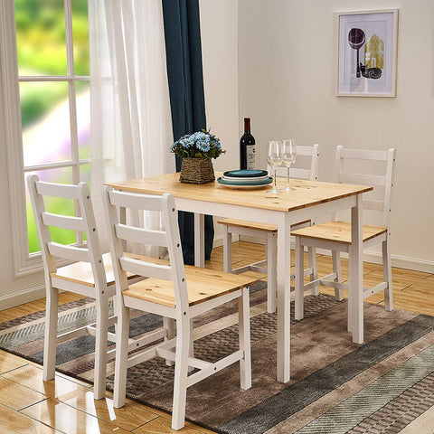 Panana Pine Wood Dining Table and 4 Chairs Set, 5-Piece Home Kitchen Furniture Set (Natural White)