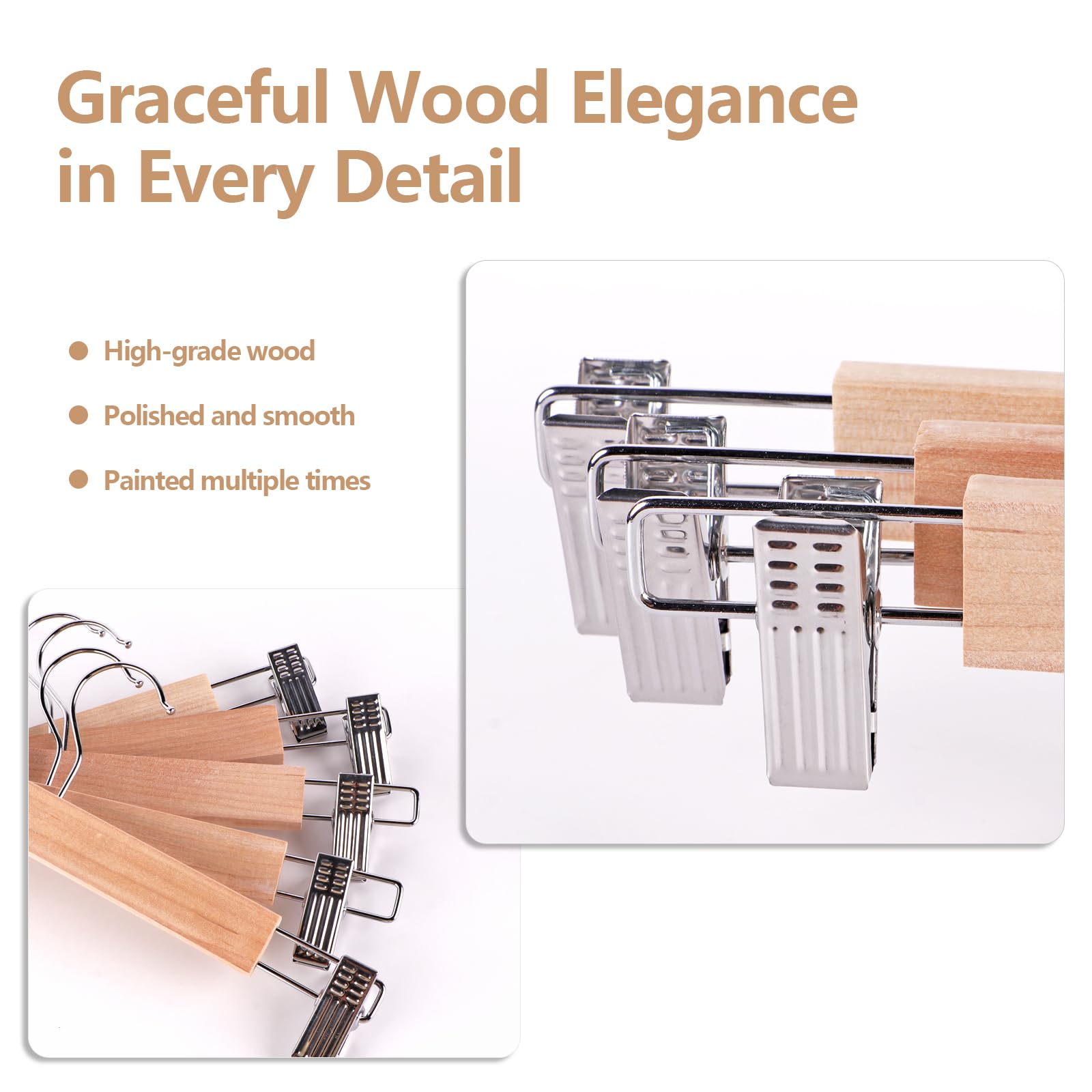 Niulab 35cm Heavy Duty Wooden Trouser Hangers, 10PCS Space Saving Pants Skirt Hangers with Adjustable Clips