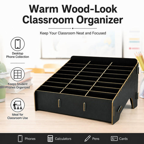 XICHENGSHIDAI 24-Slot Classroom Mobile Phone Holder, Black Wood Effect