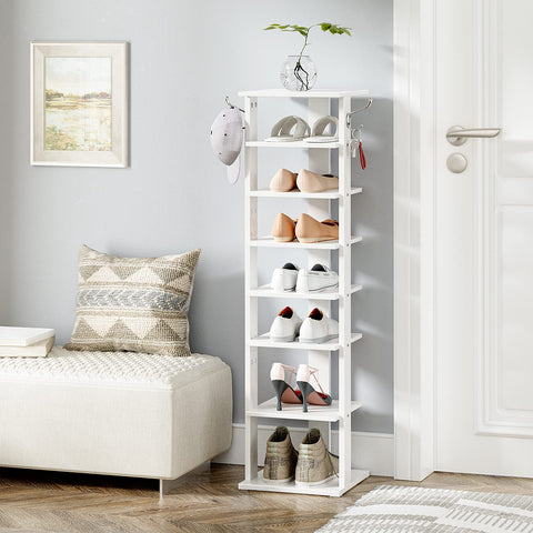 HOOBRO Shoe Rack Wooden, White Shoe Shelf, Tall, Narrow Shoe Storage Organizer with 2 Hooks, Vertical Shoe Tower for Entrance, Living Room, Hallway