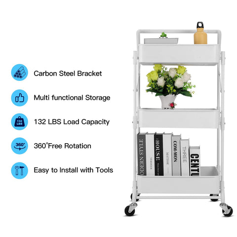 johgee Foldable 3 Tier Metal Utility Rolling Cart, Folding Mobile Multi-Function Storage Trolley Organizer Cart for Home Library