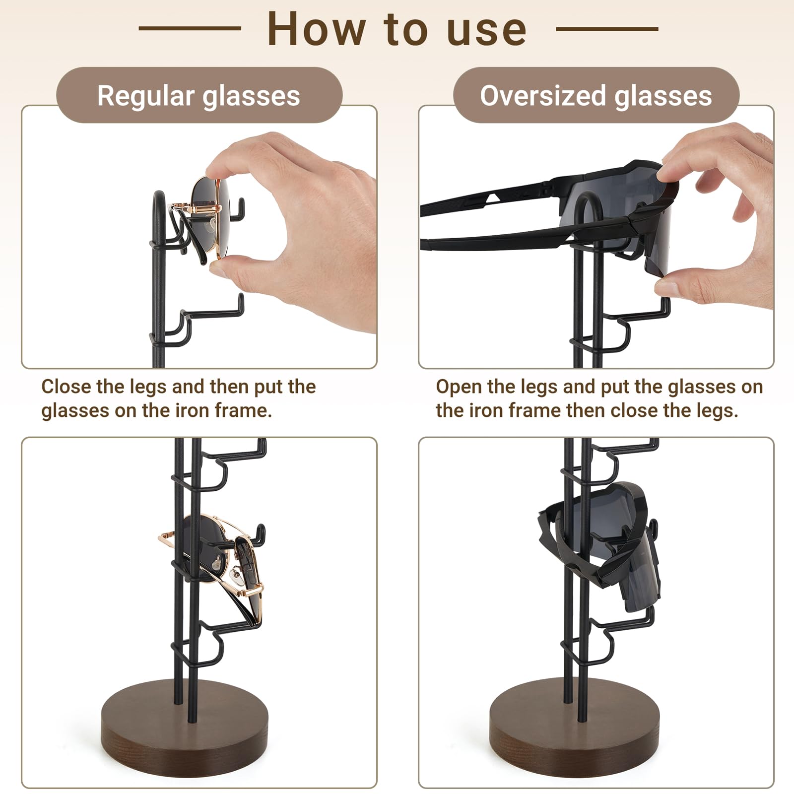 Mkono Sunglasses Organizer Glasses Holder Stand Sunglass Storage Eyeglasses Rack Metal Frame with Wood Base for 5 Pairs of Eyewear Display for Table