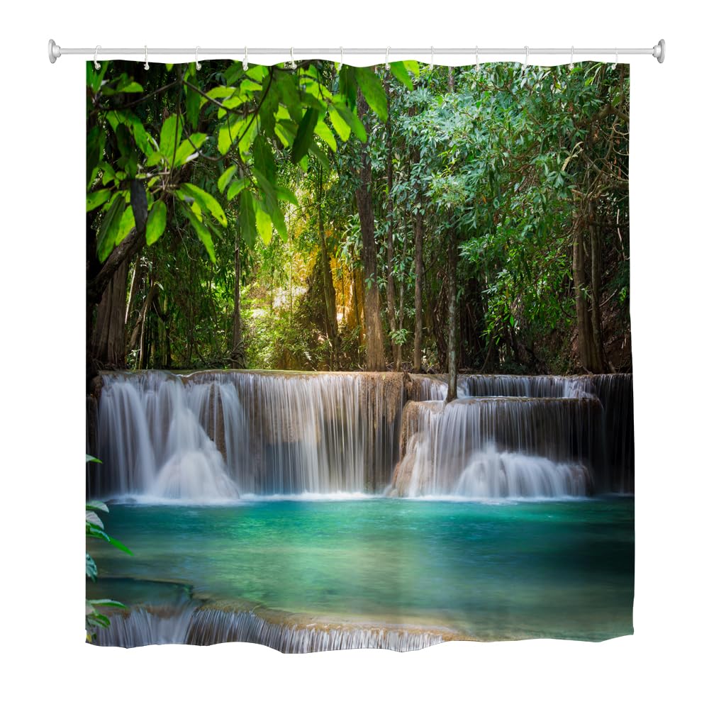 goodbath Garden Shower Curtain Outdoor Waterfalls, 3D Nature Scenery Landscape Forest Trees Bath Curtains for Bathroom Fence Wall, 180 x 180 cm