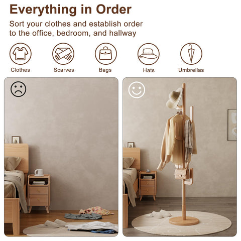 AQIMUELE Coat Stand, Woodem Coat Rack Stand - Cactus Design with 6 Hooks, Sturdy and Easy Assembly for Hallway Entryway, Hat Stand for Clothes