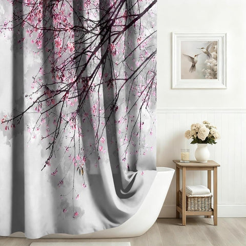 Xiaoterna Spring Shower Curtain Cherry Blossom Shower Curtain Red Plum Floral Bathroom Curtain Chinese Oriental Ink Painting Floral Shower Curtain