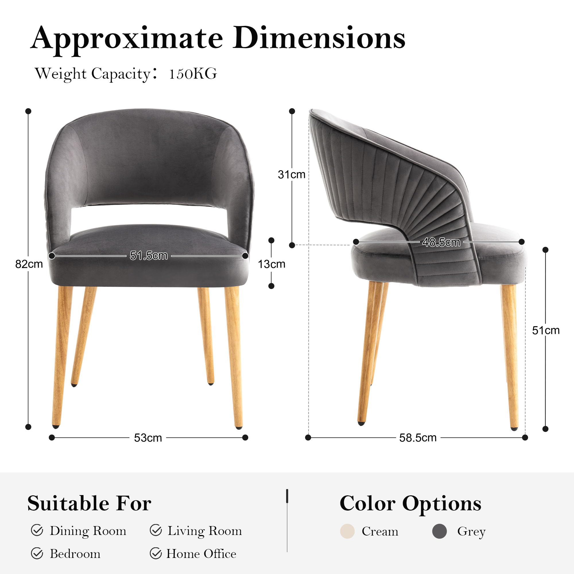 younturn Modern Velvet Upholstered Dining Chairs Set of 2, Comfortable Padded Kitchen Chairs with Armrests