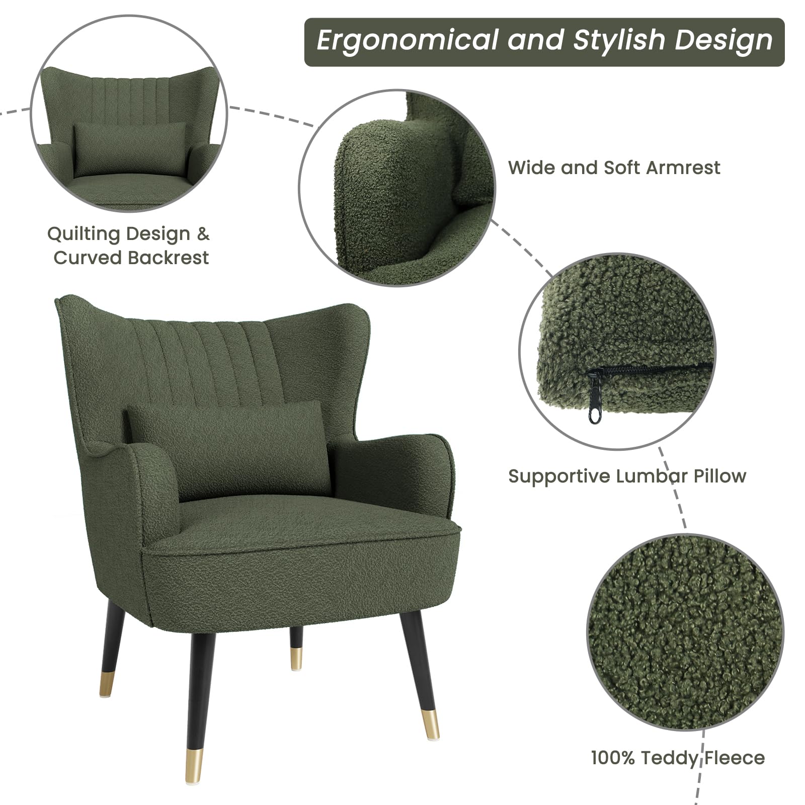 Vesgantti Teddy Accent Chair with Lumbar Pillow, Wing Back Large Armchair