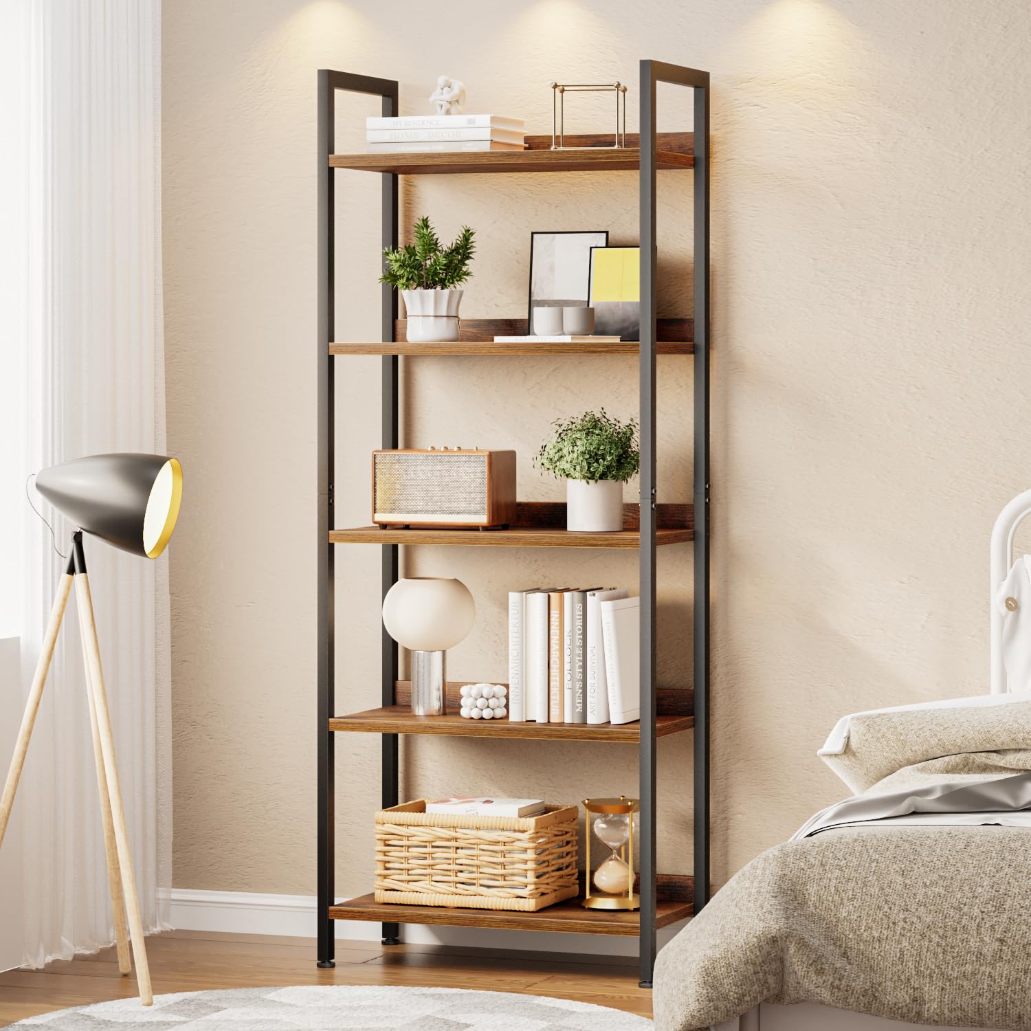 APPOLYN 5 Tier Bookshelf, Open-shelf Bookcase with Backboard, Rustic Brown