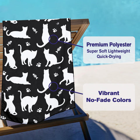 Violetpos Black White Cat Silhouette Beach Towel, Extra Large 180x90 cm 250GSM Microfibre, Sand Free Quick Dry