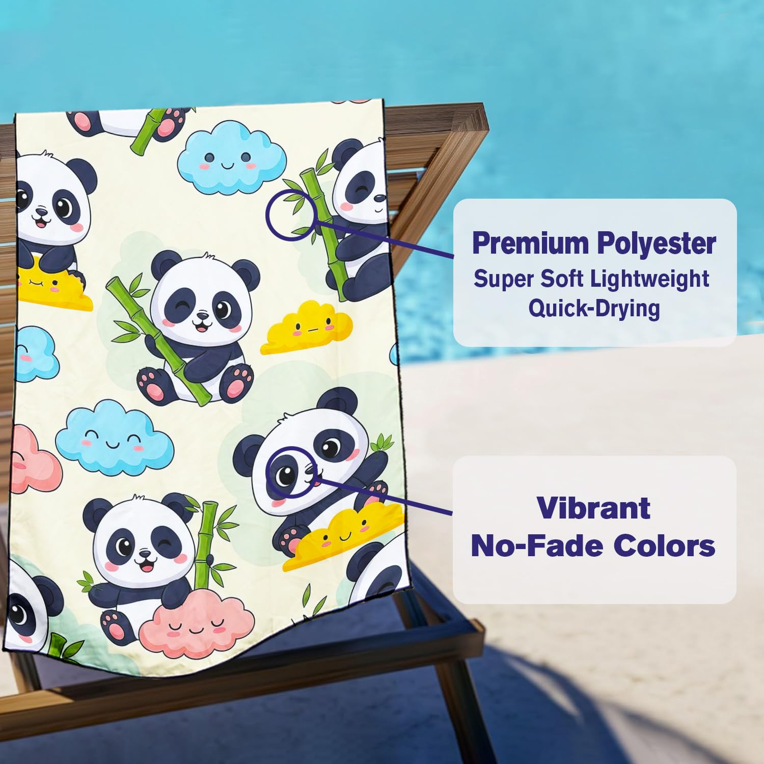 Violetpos Cute Panda & Cloud Beach Towel, Extra Large 180x90 cm 250GSM Microfibre, Sand Free Quick Dry