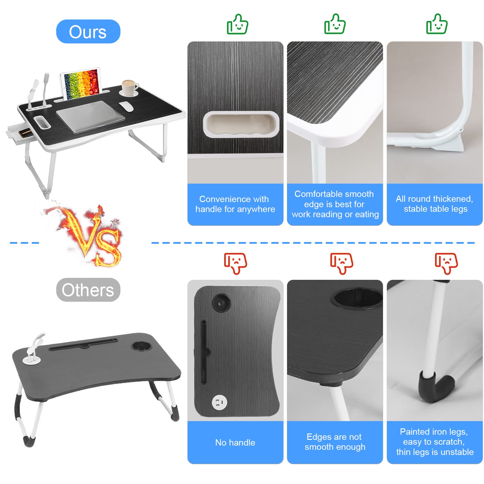Upgraded Bed Table Laptop Desk, Foldable Tray with USB Charge Port, Handle, Desktop Card/Cup Slot, Side Drawer