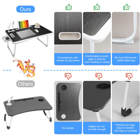 Upgraded Bed Table Laptop Desk, Foldable Tray with USB Charge Port, Handle, Desktop Card/Cup Slot, Side Drawer