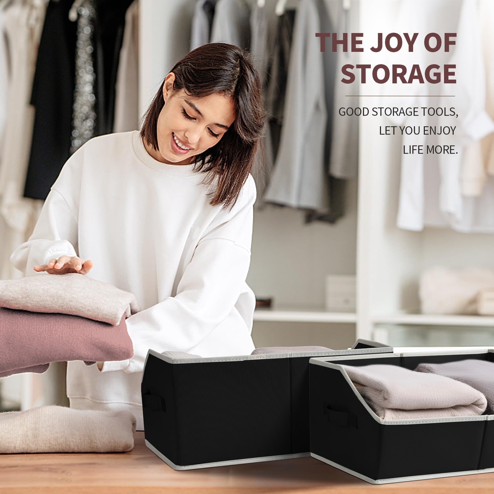 Homsorout Fabric Storage Boxes - 4 Pack Large Open Wardrobe Organiser Black