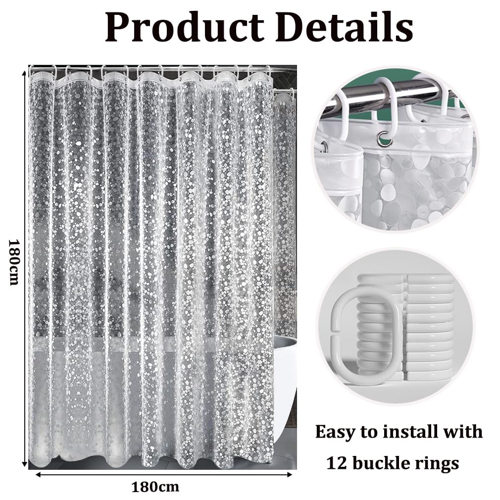 Shower Curtains Mould Proof Resistant, PEVA Waterproof Heavy Duty Bathroom Curtains, Liner 3D Effect Clear Pebble Shower Curtain with 12 Hooks