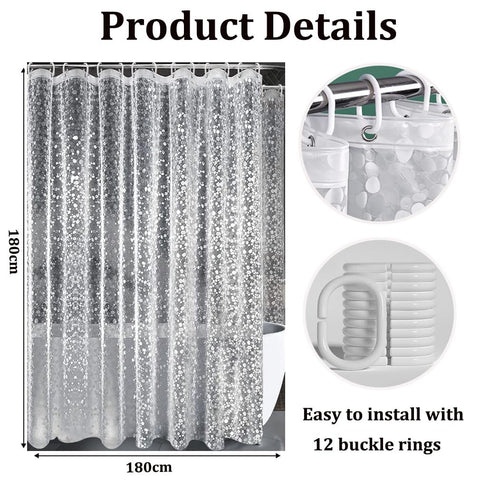 Shower Curtains Mould Proof Resistant, PEVA Waterproof Heavy Duty Bathroom Curtains, Liner 3D Effect Clear Pebble Shower Curtain with 12 Hooks