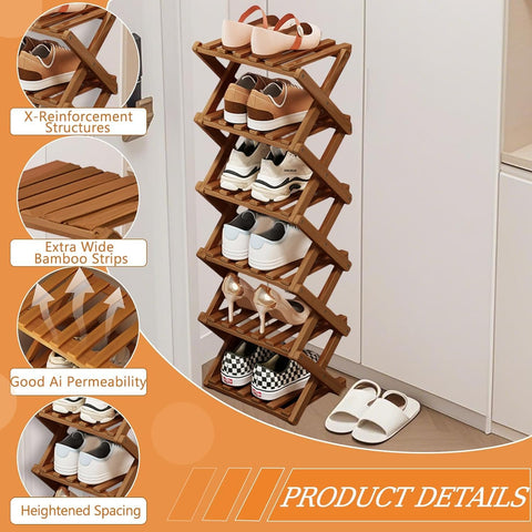 Kiss Me 4-Tier Foldable Bamboo Shoe Rack Narrow Vertical Organizer