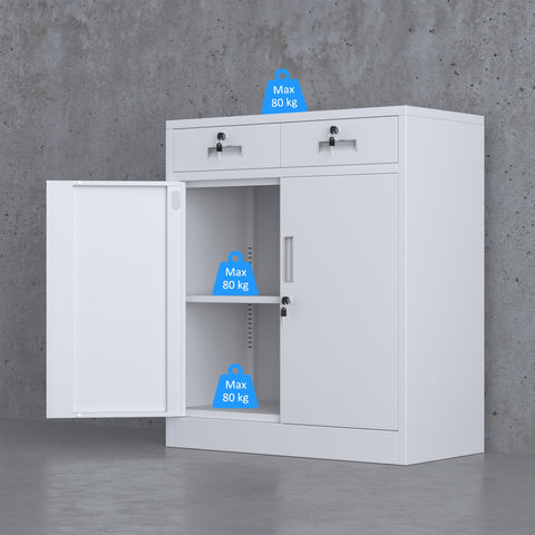 JINGUR Metal Storage Cupboard with Locking Doors and 2 Drawers (White)