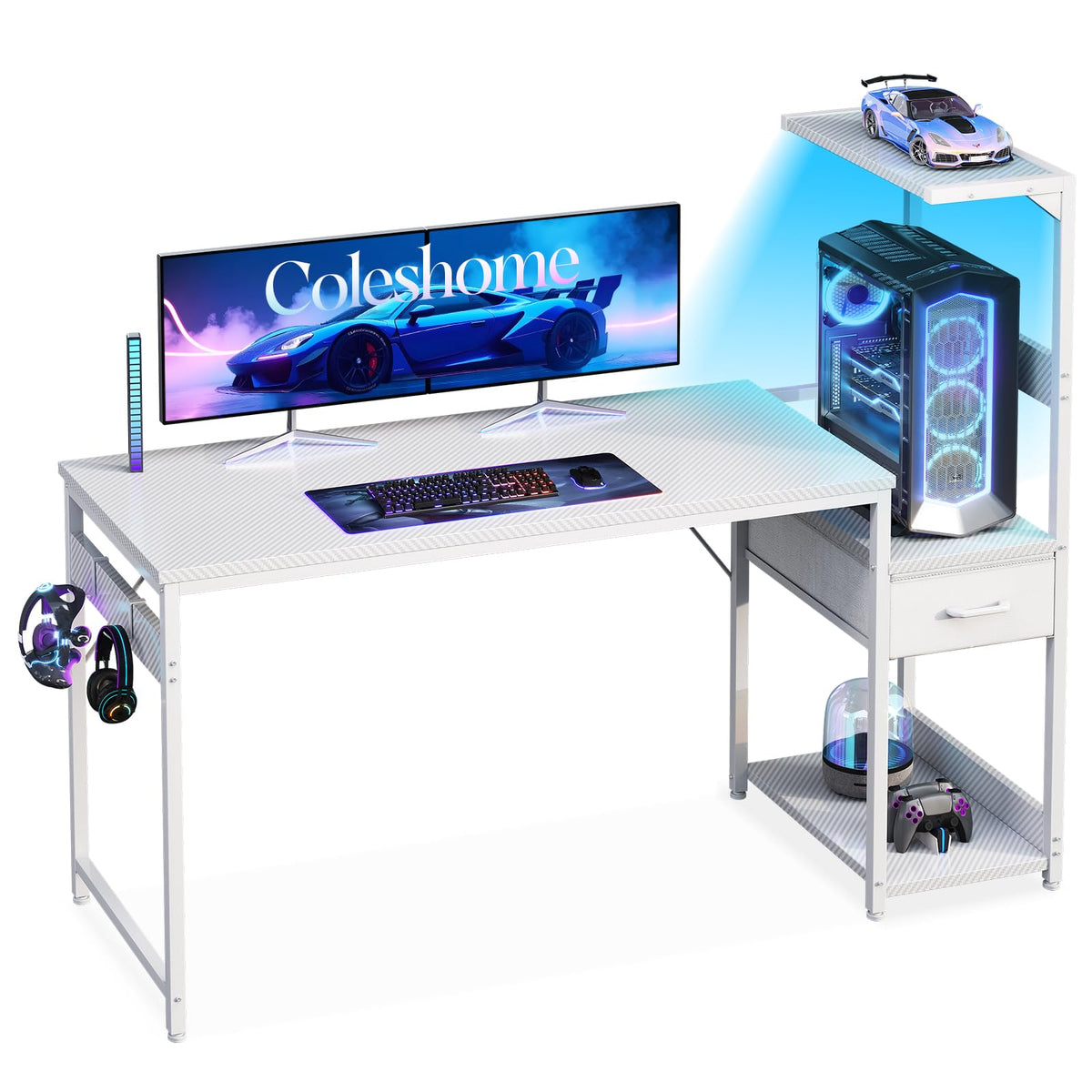 Coleshome 138×48 cm Gaming Desk with LED Lights, Carbon Fiber White