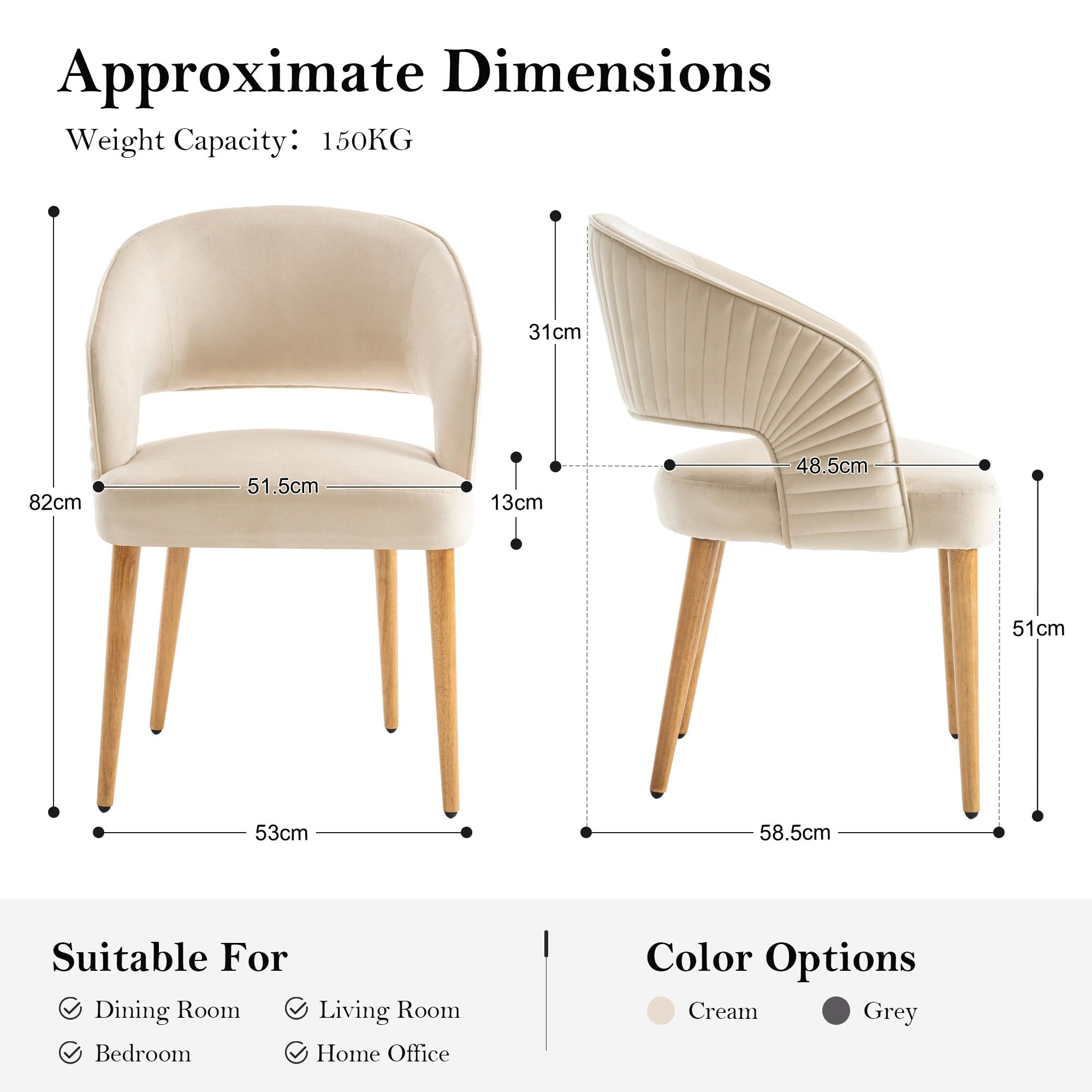 younturn Modern Velvet Upholstered Dining Chairs Set of 2, Comfortable Padded Kitchen Chairs with Armrests