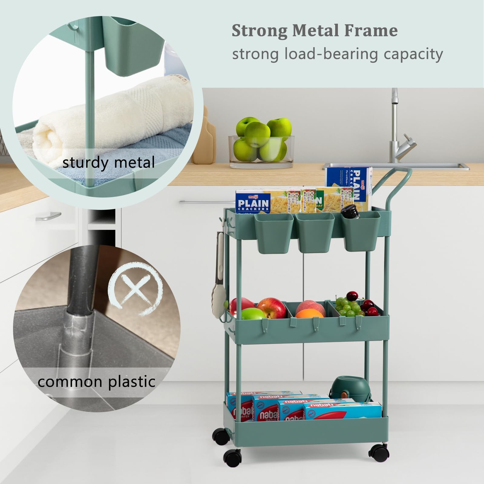 danpinera Storage Cart on Wheels, 3 Tier Slim Laundry with Wheels Bathroom Organizer with Hanging Cups Hooks Dividers Handle Mobile Rolling Art Cart