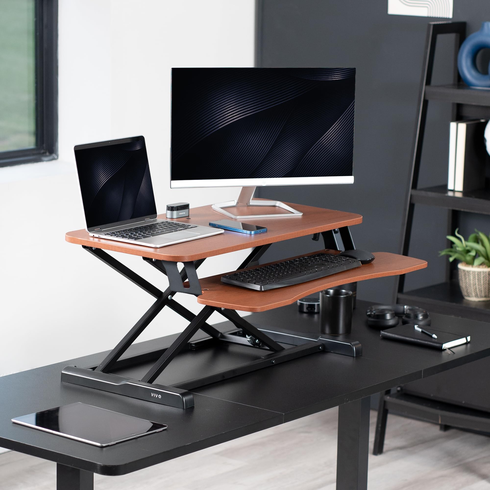 VIVO 81 cm Desk Converter, K Series, Height Adjustable Sit to Stand Riser, Dual Monitor and Laptop Workstation with Wide Keyboard Tray