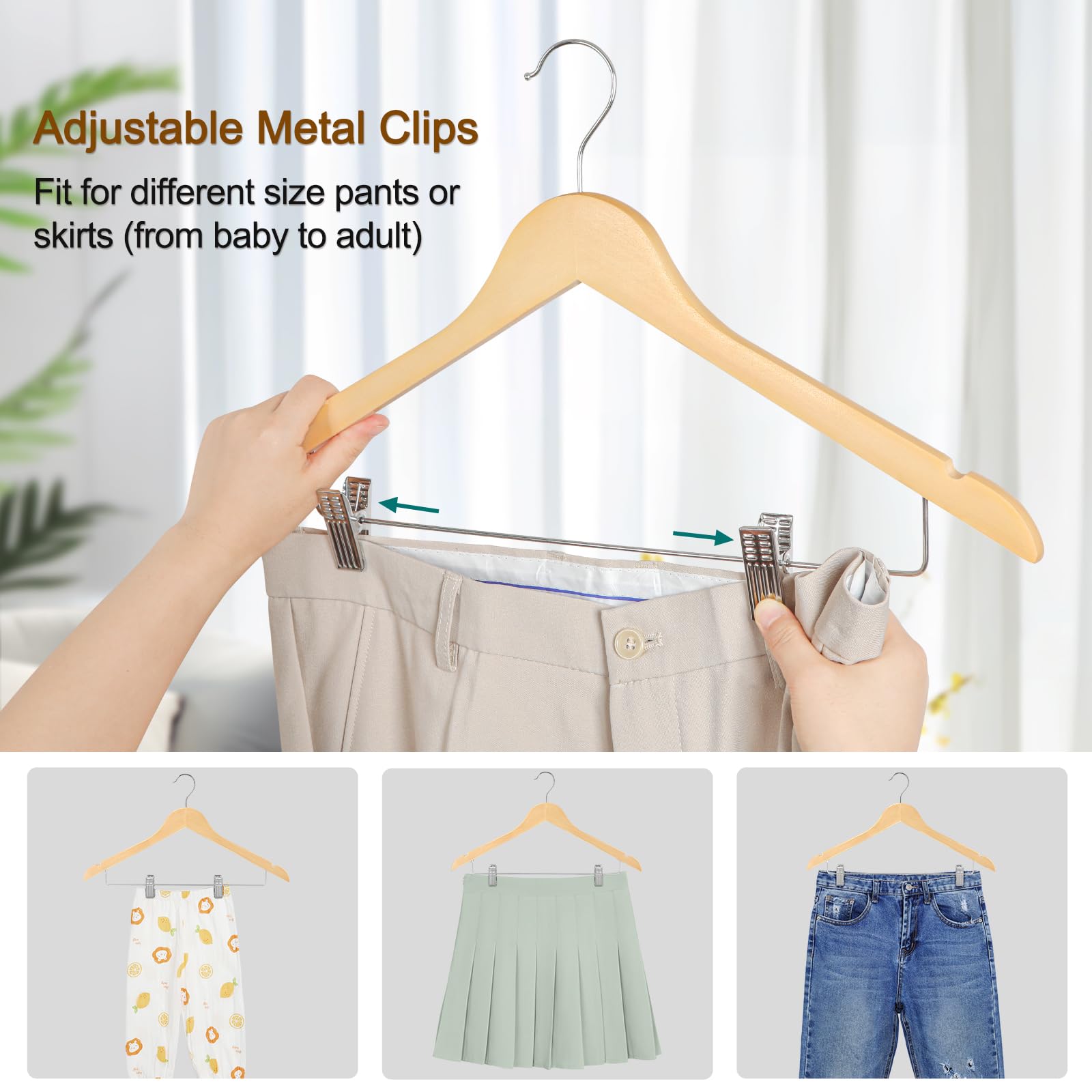 TOPIA HANGER Wooden Suit Hangers with Adjustable Metal Clips (20 Pack), Solid Smooth Wood Clothes Hangers, 360° Swivel Hook