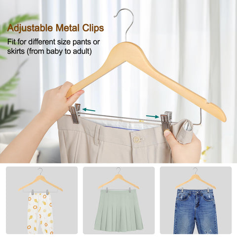 TOPIA HANGER Wooden Suit Hangers with Adjustable Metal Clips (20 Pack), Solid Smooth Wood Clothes Hangers, 360° Swivel Hook