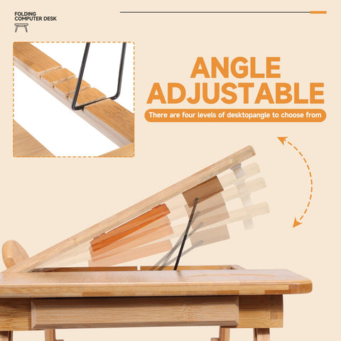 Adjustable Bamboo Laptop Desk with Cooling Fan, Foldable Bed Tray for Breakfast, Writing, and Drawing, with Tilting Top and Drawer