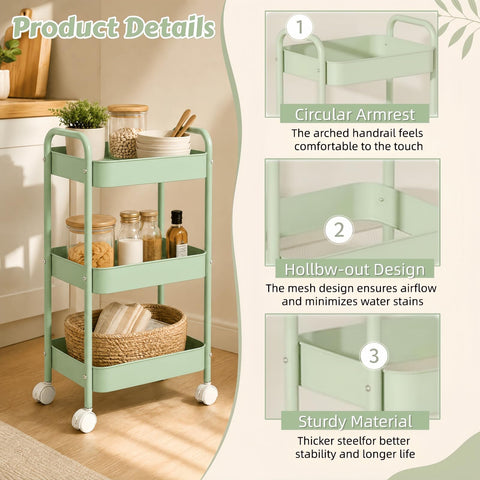 Siocok 3 Tier Metal Storage Trolley on Wheels, Storage Cart, Rolling Utility Cart, Easy Assembly for Home Kitchen, Bathroom Laundry and Office (Green)