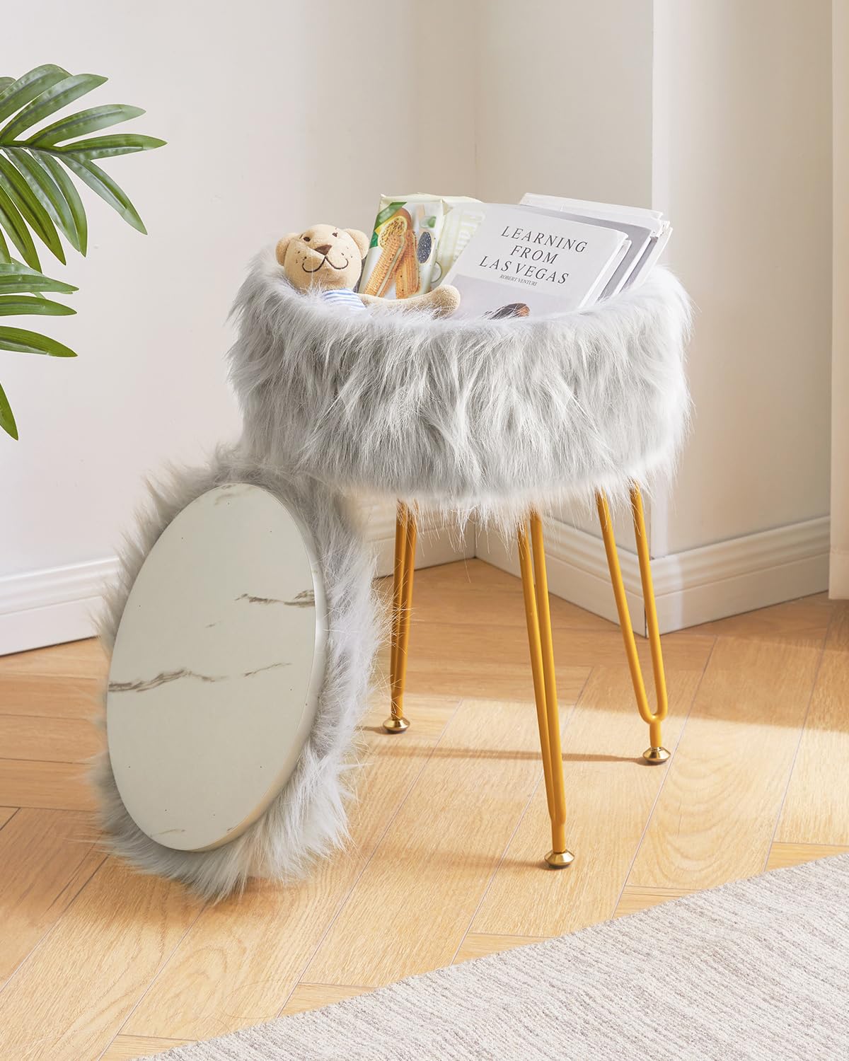 IBUYKE Round Faux Fur Vanity Stool with Storage, Makeup Chair, Gray WBD021G
