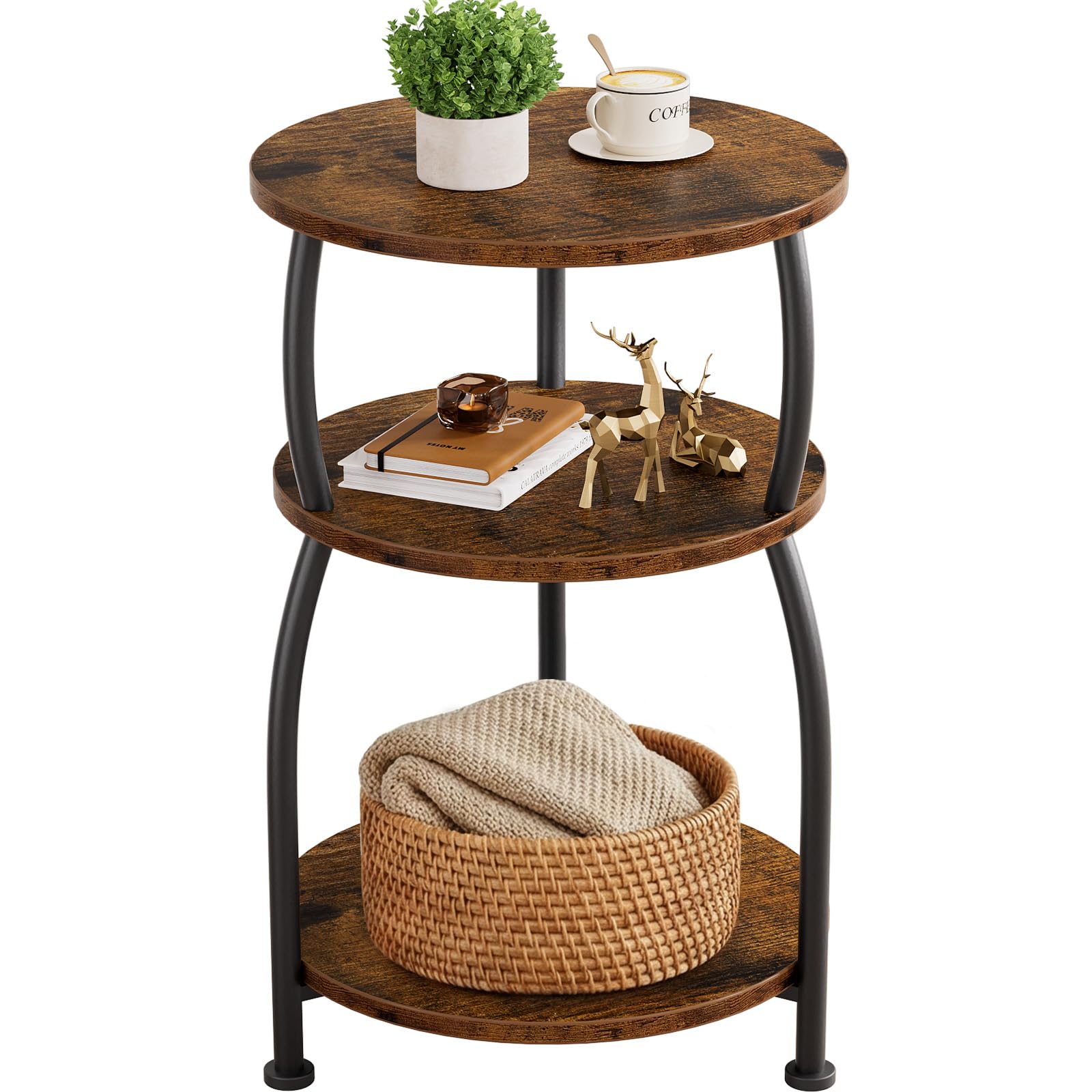 Yuede 3 Tier Side Table, Round Coffee Table, End Table with Storage Shelf, Bedside Table, for Living Room, Bedroom, Metal Frame, 40 x 61cm, Brown