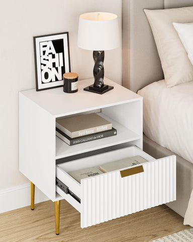 Apetaccat White Bedside Table, Nightstand with 1 Drawers with Gold Leg, Modern Bedside Table Bedroom Furniture for Living Room or Bedroom, White