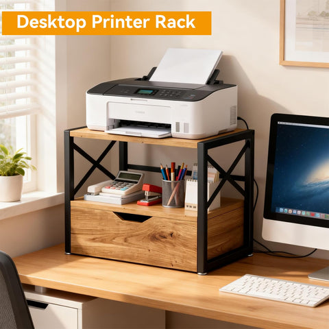 IBUYKE 2 Tier Desktop Printer Stand,Multi-Purpose Desk Organizer,Wooden Printer Stand with Drawer Storage for Folders,Books,for Fax Machine