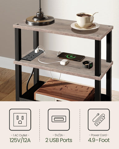 CHOEZON Slim Side Table with Charging Station, 3-Tier Narrow Side Table with Drawer, Skinny Bedside Table, End Table for Small Spaces, for Bedroom