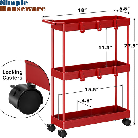 SimpleHouseware Kitchen Cart Storage 3-Tier Slim/Super Narrow Shelves with Handle, 26.5'' Height/5.5'' Width for Narrow Place, Red