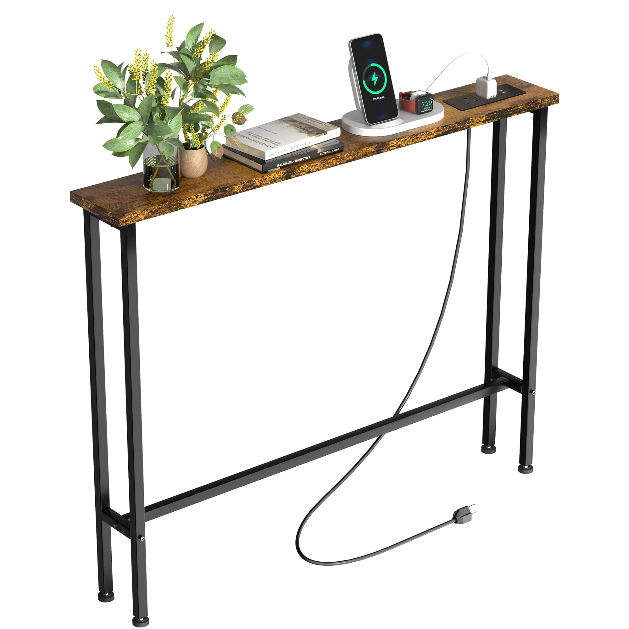 Keelian 100 cm Behind Sofa Console Table with Power Outlet Rustic Brown