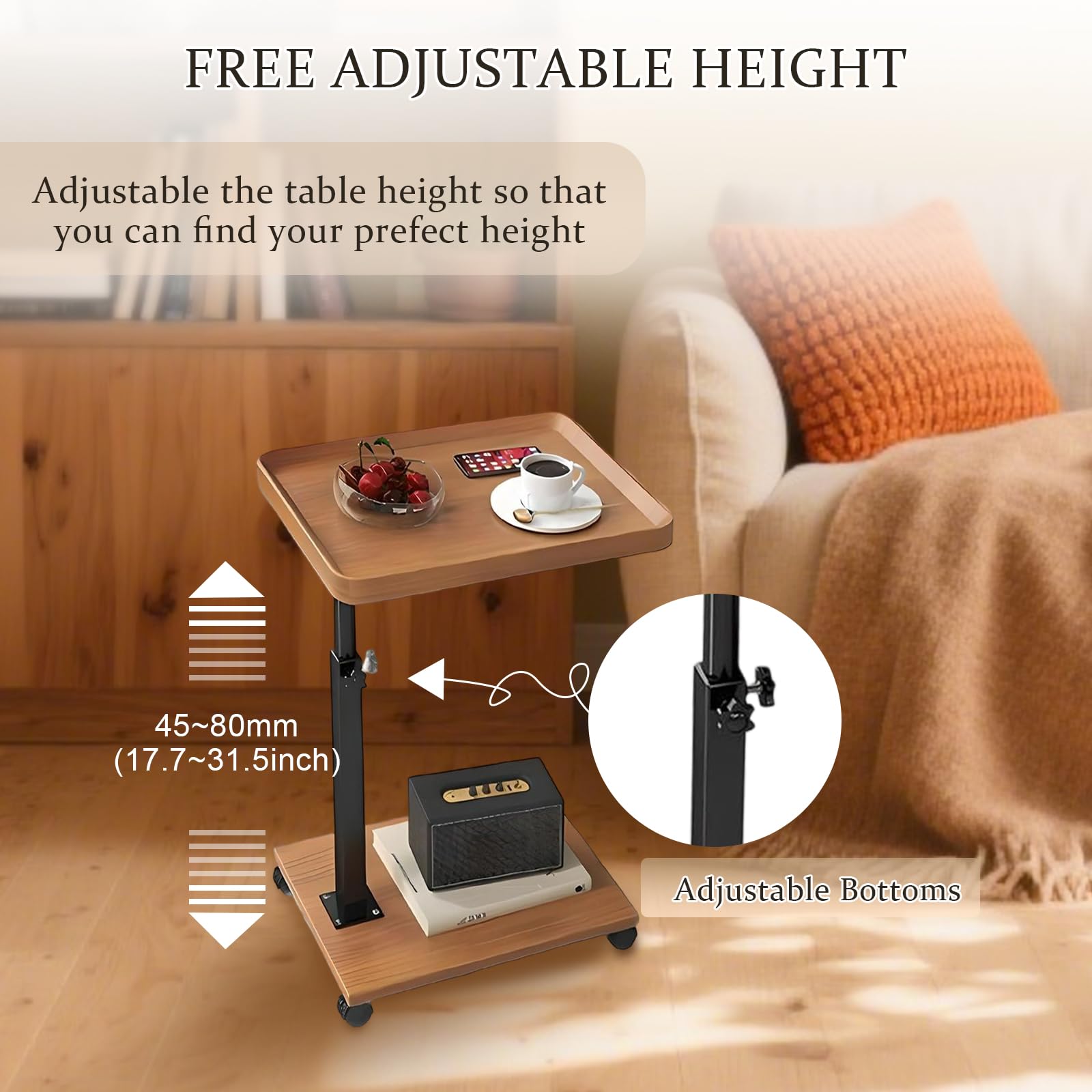 C Table End Table Adjustable Height 360° Swivel TV Tray Table With Wheels