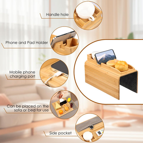 Natural Bamboo Sofa Arm Tray with Couch Cup Holder, Anti Falling Couch Arm Tray Table, Foldable Sofa Armchair Caddy, Sofas Side Table for Snacks