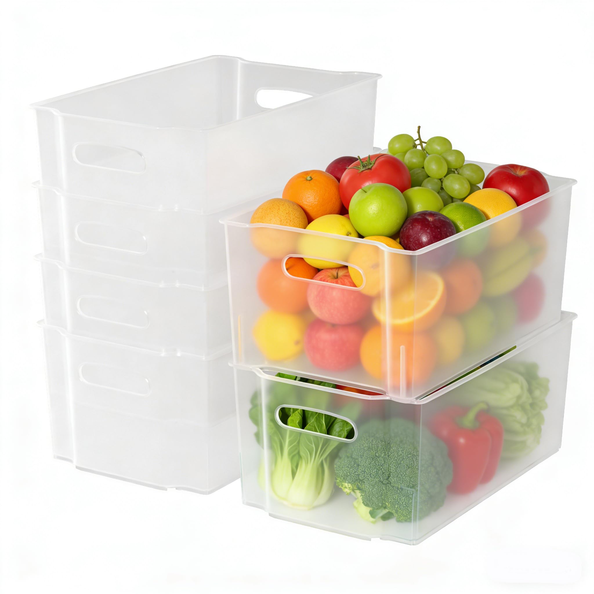 Lesbye Set of 6 Plastic Stackable Fridge Storage Baskets, Freezer Bin Organiser, Matte Transparent