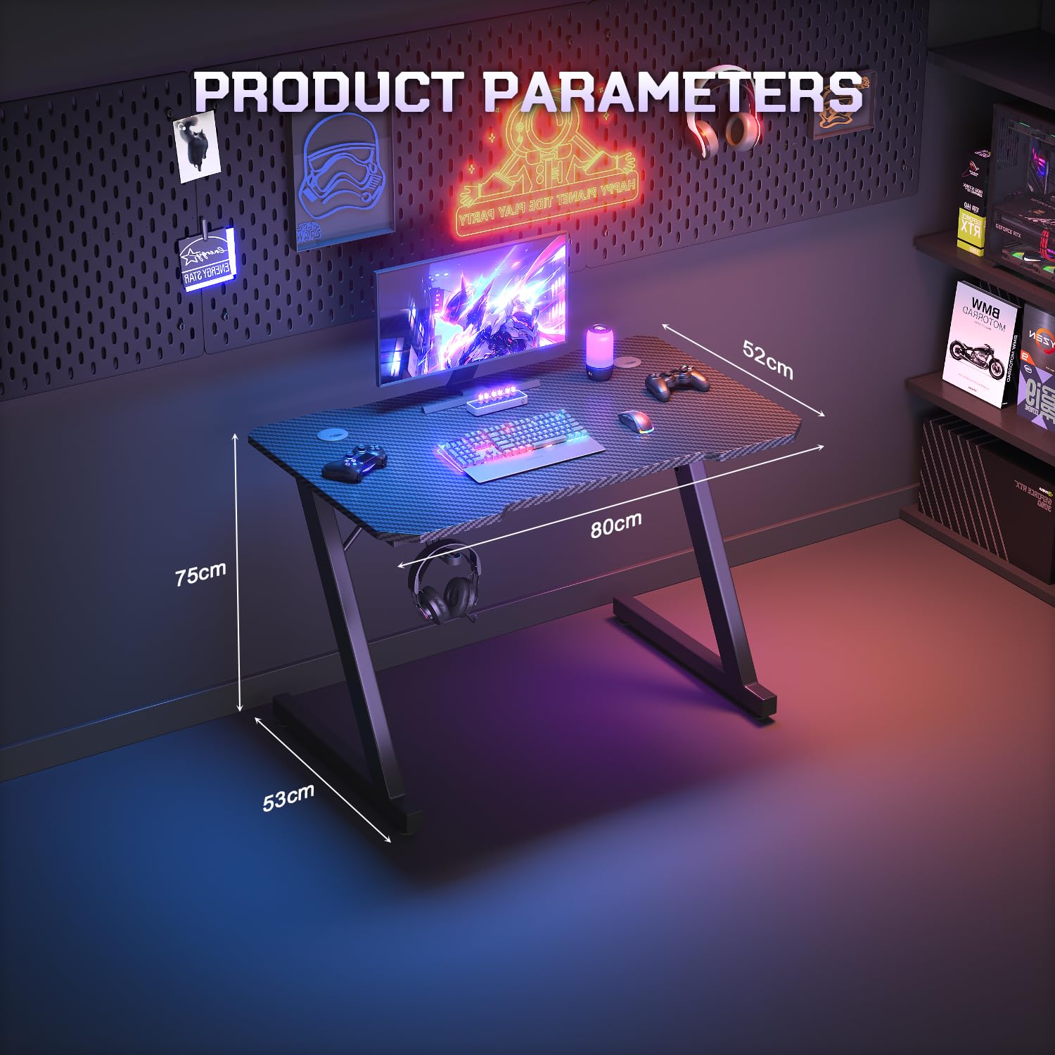JUMMICO Gaming Desk 80 x 50 cm, Z Shaped Gaming Table Computer Desk PC Gamer Desk for Home Office, Gaming Desk with Headphone Hook, Black